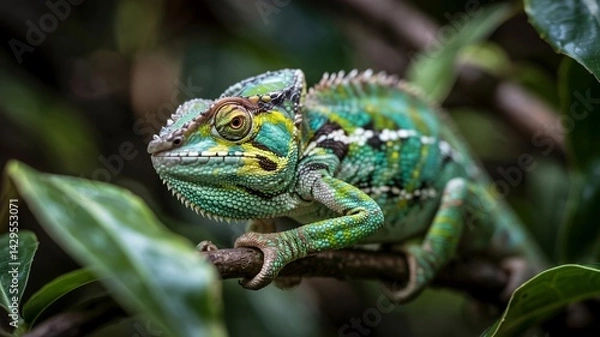 Fototapeta Vibrant Chameleon Perched on Branch with Intricate Textures