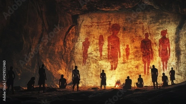 Fototapeta cavemen in a cave making hieroglyphics
