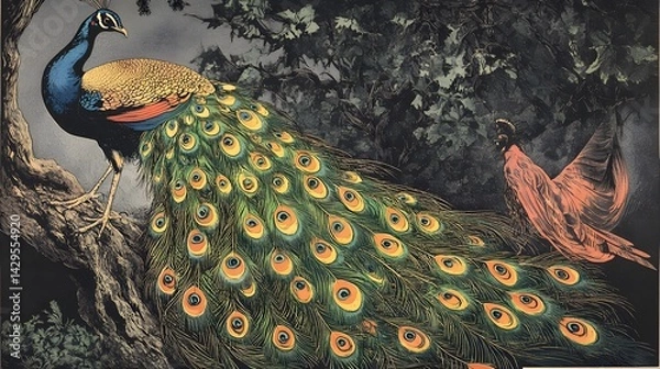 Obraz Peacock and nightingale, color woodcut, published in 1897
