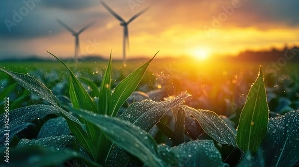 Fototapeta renewable energy solutions, sustainable energy at agriculture farm. wind turbines at green maize or or corn field with blurred wind turbines at background.	