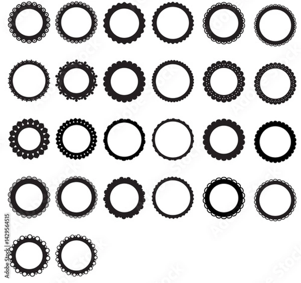 Fototapeta Decorative Scalloped Circle Frames for Card Making, Scrapbooking, Paper Doily, Signs, Posters, Labels. Black Vector Frame Collection Set