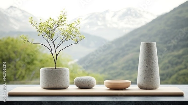 Fototapeta Nature-inspired still life with serene mountains in the blurred background