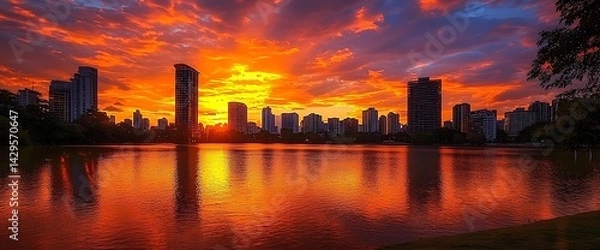 Fototapeta Fiery Sunset Over City Skyline Reflected in Water