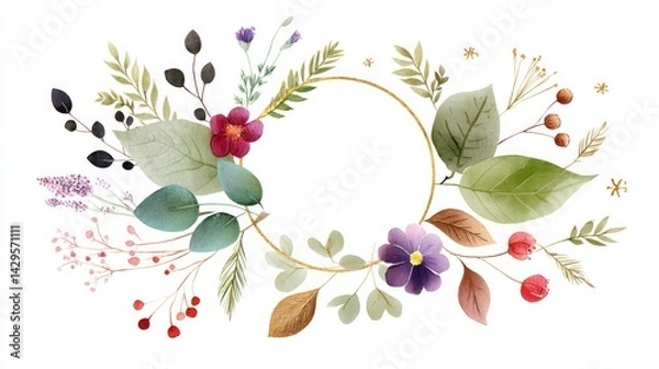 Obraz Hand-drawn botanical frame illustration. Delicate watercolor floral and leafy frame, perfect for invitations or branding 