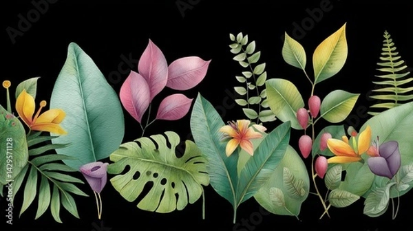 Obraz Hand-painted watercolor tropical leaves, Exotic jungle foliage with bright greens and tropical florals in a painterly style 