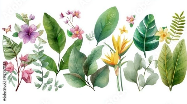 Obraz Hand-painted watercolor tropical leaves. Exotic jungle foliage with bright greens and tropical florals in a painterly style