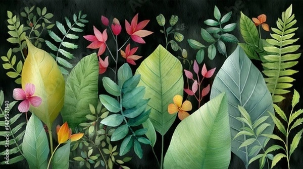 Obraz Hand-painted watercolor tropical leaves, Exotic jungle foliage with bright greens and tropical florals in a painterly style 
