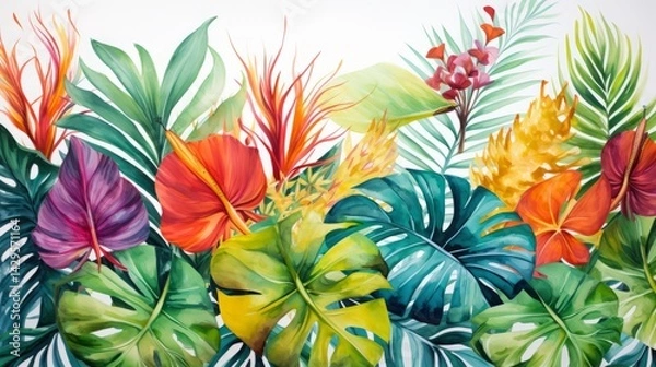Obraz Hand-painted watercolor tropical leaves. Exotic jungle foliage with bright greens and tropical florals in a painterly style