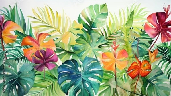 Obraz Hand-painted watercolor tropical leaves. Exotic jungle foliage with bright greens and tropical florals in a painterly style