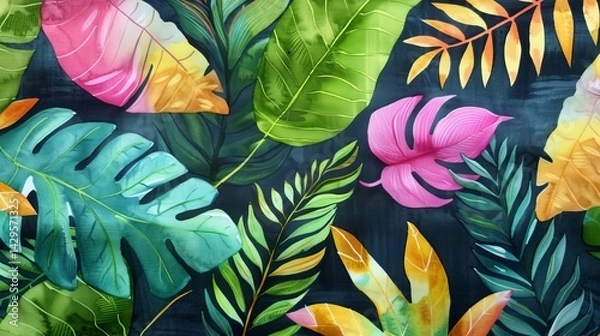 Obraz Hand-painted watercolor tropical leaves, Exotic jungle foliage with bright greens and tropical florals in a painterly style 
