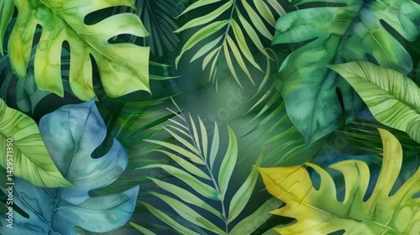 Obraz Hand-painted watercolor tropical leaves, Exotic jungle foliage with bright greens and tropical florals in a painterly style 