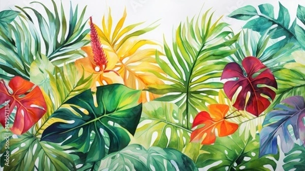 Obraz Hand-painted watercolor tropical leaves, Exotic jungle foliage with bright greens and tropical florals in a painterly style