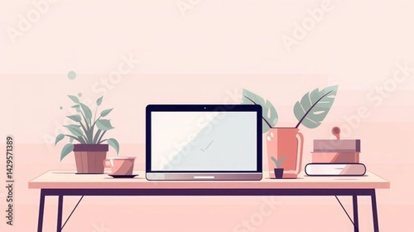 Obraz Minimalist flat design workspace illustration, A clean and modern digital workspace with a laptop, coffee, and office supplies in a pastel color palette 