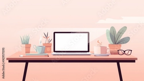 Obraz Minimalist flat design workspace illustration. A clean and modern digital workspace with a laptop, coffee, and office supplies in a pastel color palette 
