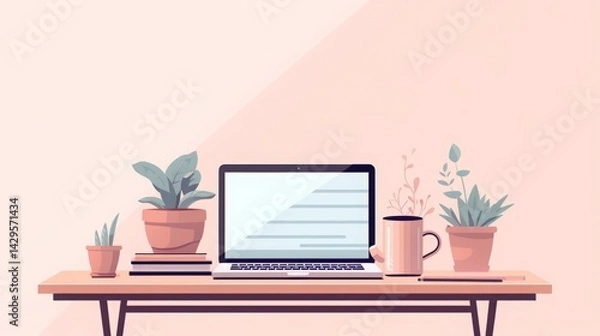 Fototapeta Minimalist flat design workspace, A clean and modern digital workspace with a laptop, coffee, and office supplies in a pastel color palette