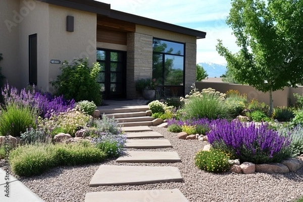 Fototapeta Scenes of a front yard garden with a xeriscape design, featuring drought-tolerant plants, gravel pathways, and a water-efficient landscape 