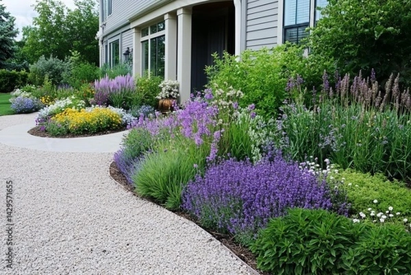 Obraz Scenes of a front yard garden with a xeriscape design, featuring drought-tolerant plants, gravel pathways, and a water-efficient landscape