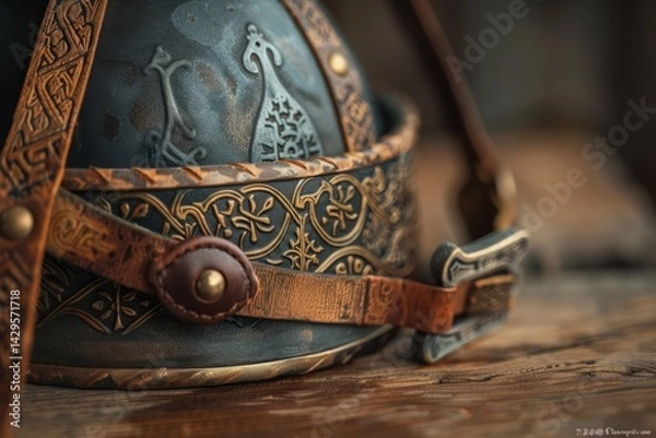 Obraz Viking helmet with detailed metalwork and leather straps