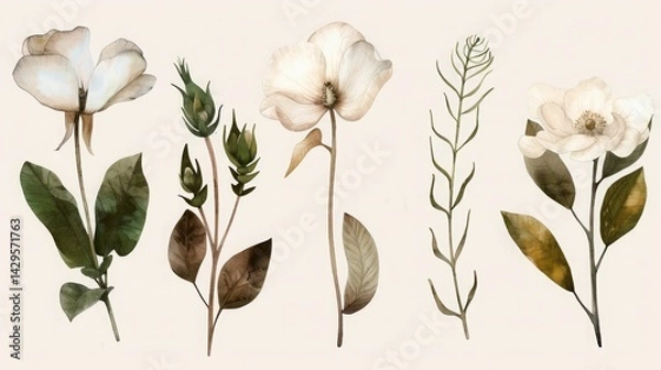 Obraz Vintage-inspired botanical drawings.  Delicate pencil and ink-style illustrations of flowers, herbs, and leaves 