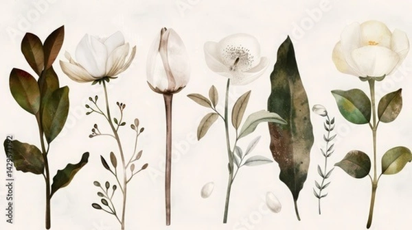 Obraz Vintage-inspired botanical drawings, Delicate pencil and ink-style illustrations of flowers, herbs, and leaves 
