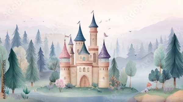 Fototapeta Whimsical fairytale castle in watercolor style with a magical landscape in soft pastel hues 