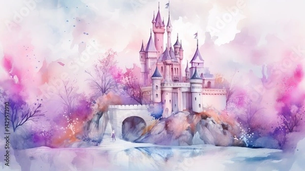 Obraz Whimsical fairytale castle in watercolor style with a magical landscape in soft pastel hues 