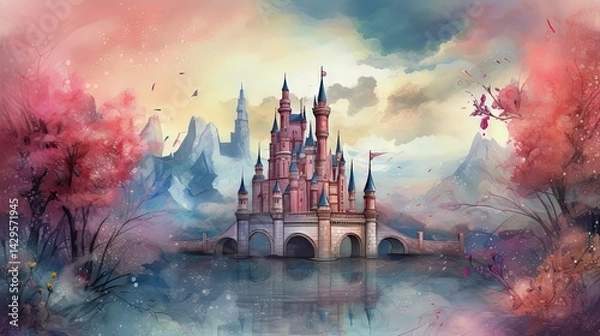 Fototapeta A dreamy fantasy castle with a magical landscape in soft pastel hues