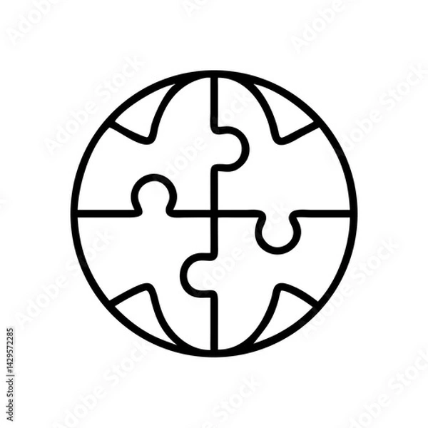 Fototapeta Global unity puzzle globe icon in minimal style, black and white, symbolizing teamwork