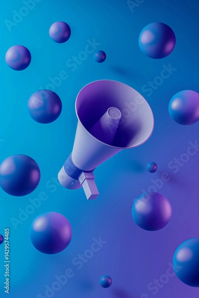 Fototapeta Futuristic megaphone among floating purple and blue spheres. Conceptual image for World Communication Day, social media outreach, or modern digital marketing.