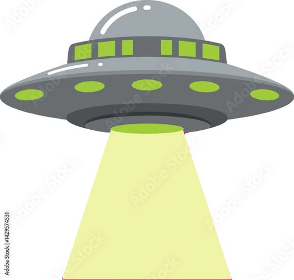 Fototapeta UFO spaceship with green lights and yellow beam vector illustration simple design 