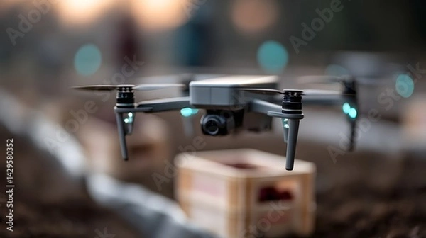 Fototapeta Solar-powered drones flying over a farm with workers using reusable crates for crops