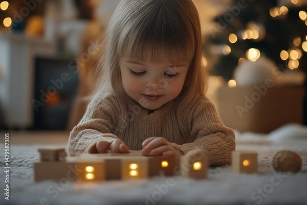 Fototapeta Child Engaged in Playful Learning with Illuminated Wooden Blocks