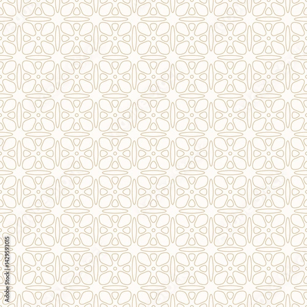 Fototapeta Subtle golden minimal seamless pattern. Gold and white outline vector geometric floral ornament. Abstract background texture with flower silhouettes, leaves, thin lines. Repeated modern linear design