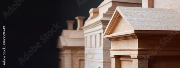 Fototapeta Wooden architectural models with detailed craftsmanship, featuring classical-style buildings in various sizes 