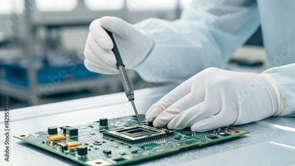 Fototapeta Against a blurred background of a laboratory or cleanroom, gloved hands are prominent, carefully working on a circuit board with a tool, representing the visual appeal of high-tech work and the intric