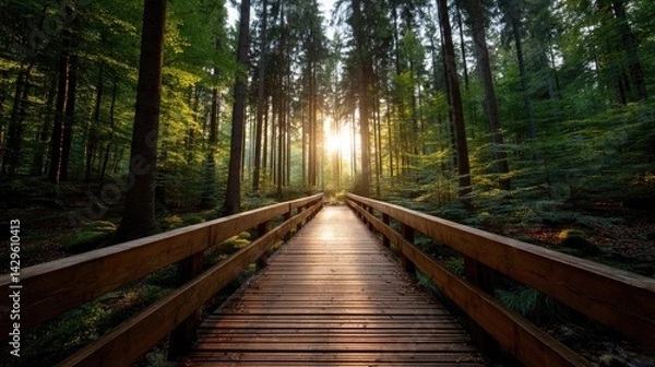 Fototapeta Wooden walkway through a sunlit forest at dawn.