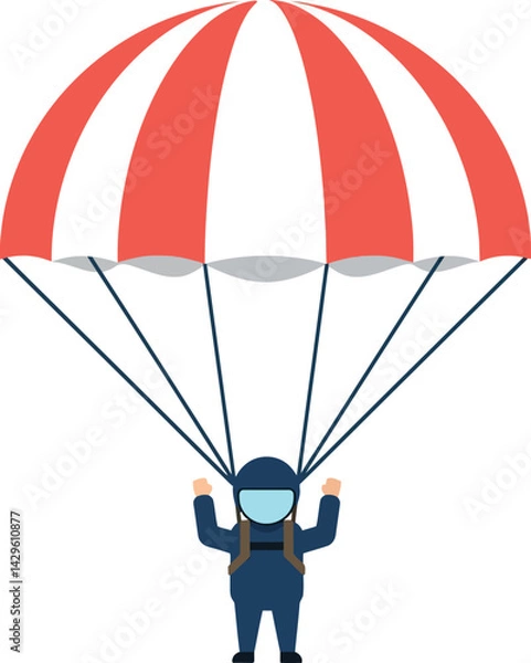 Fototapeta Parachutist with red and white canopy landing vector illustration in flat style 