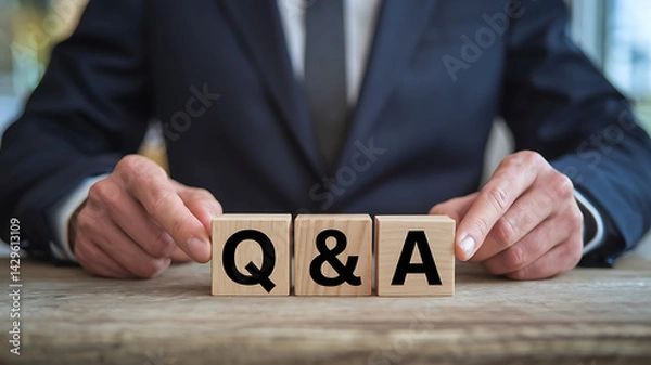 Obraz Businessperson presents wooden blocks spelling Q & A on a wooden surface implying questions and answers.