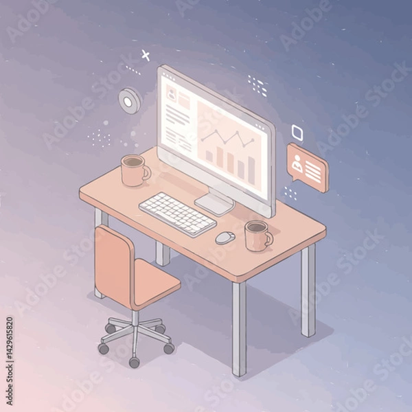 Fototapeta Isometric illustration of a modern workspace featuring a desktop computer displaying data graphs and charts