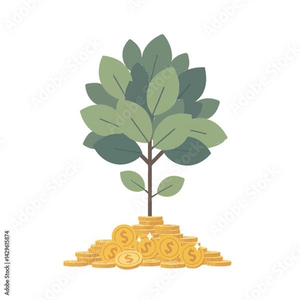 Fototapeta A stylized money tree sprouts from a pile of gold coins, symbolizing financial growth, investment returns, wealth creation, and achieving prosperity.