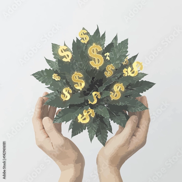 Fototapeta Two hands gently cradle a marijuana plant adorned with golden dollar signs,