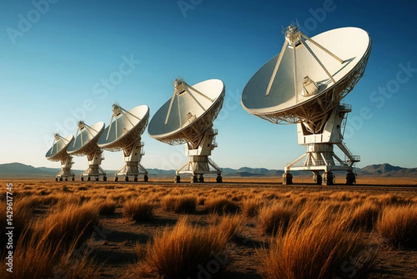 Fototapeta A field of radio telescopes are set up in a dry desert field under clear blue skies