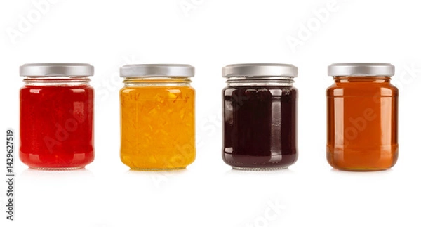 Fototapeta Set of glass jars with jam isolated on white background.