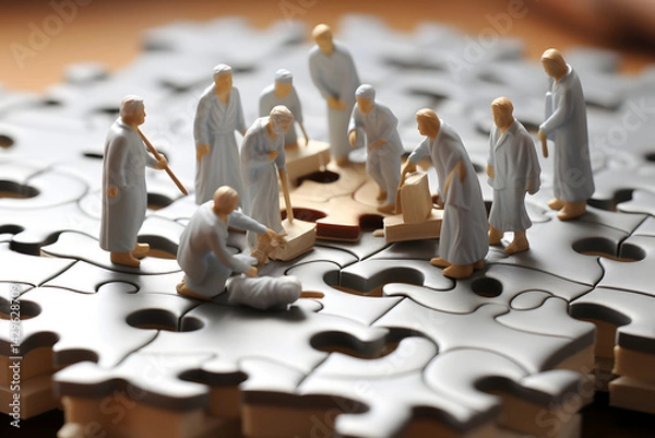 Fototapeta Ten figurines work together to solve a puzzle on a wooden table in a tranquil, softly lit setting