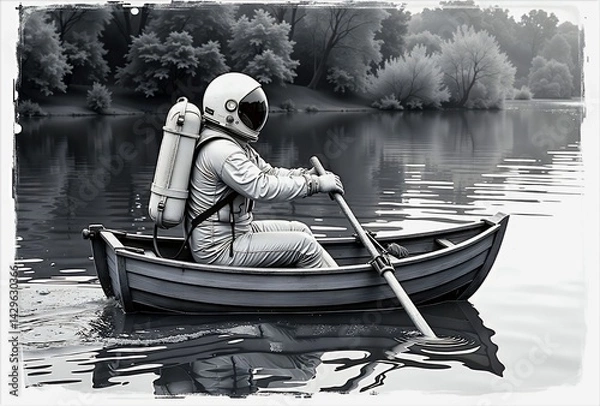 Fototapeta A black-and-white illustration of an astronaut in a spacesuit rowing a small wooden boat on a calm body of water