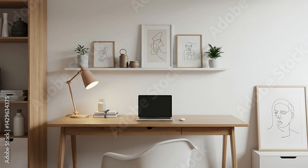 Fototapeta Minimalist workspace setup with neutral tones, natural wood furniture, laptop, and line art for a serene and modern aesthetic.
