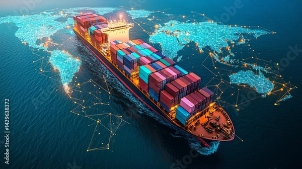 Fototapeta Globalized cargo ship traversing interconnected world map.