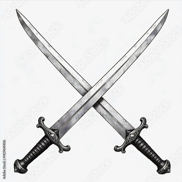 Fototapeta A black and white illustration of two crossed swords with detailed handles and blades