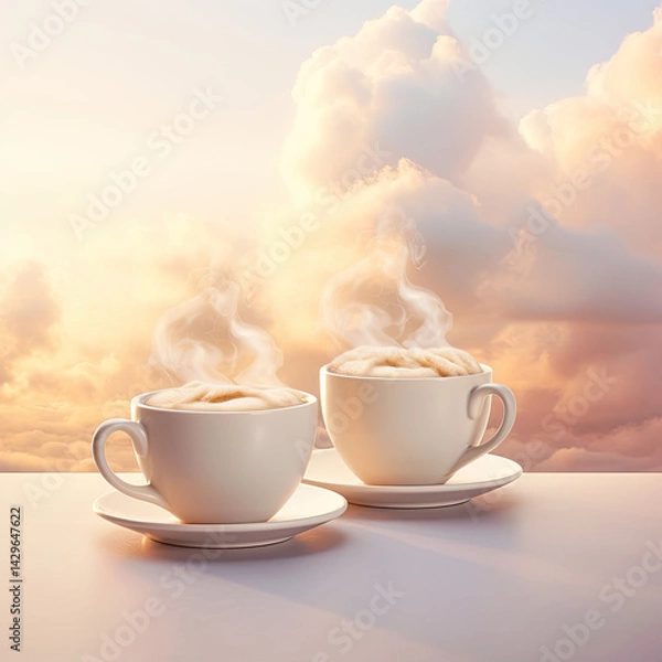 Obraz  
A Pair of Steaming White Coffee Cups Nestled on a Billowy Blanket on transparent background