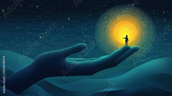 Fototapeta Imaginative figure interacting with bright light spots standing on giant hands shows the desire and meaningful journey of life in a fantasy world.
